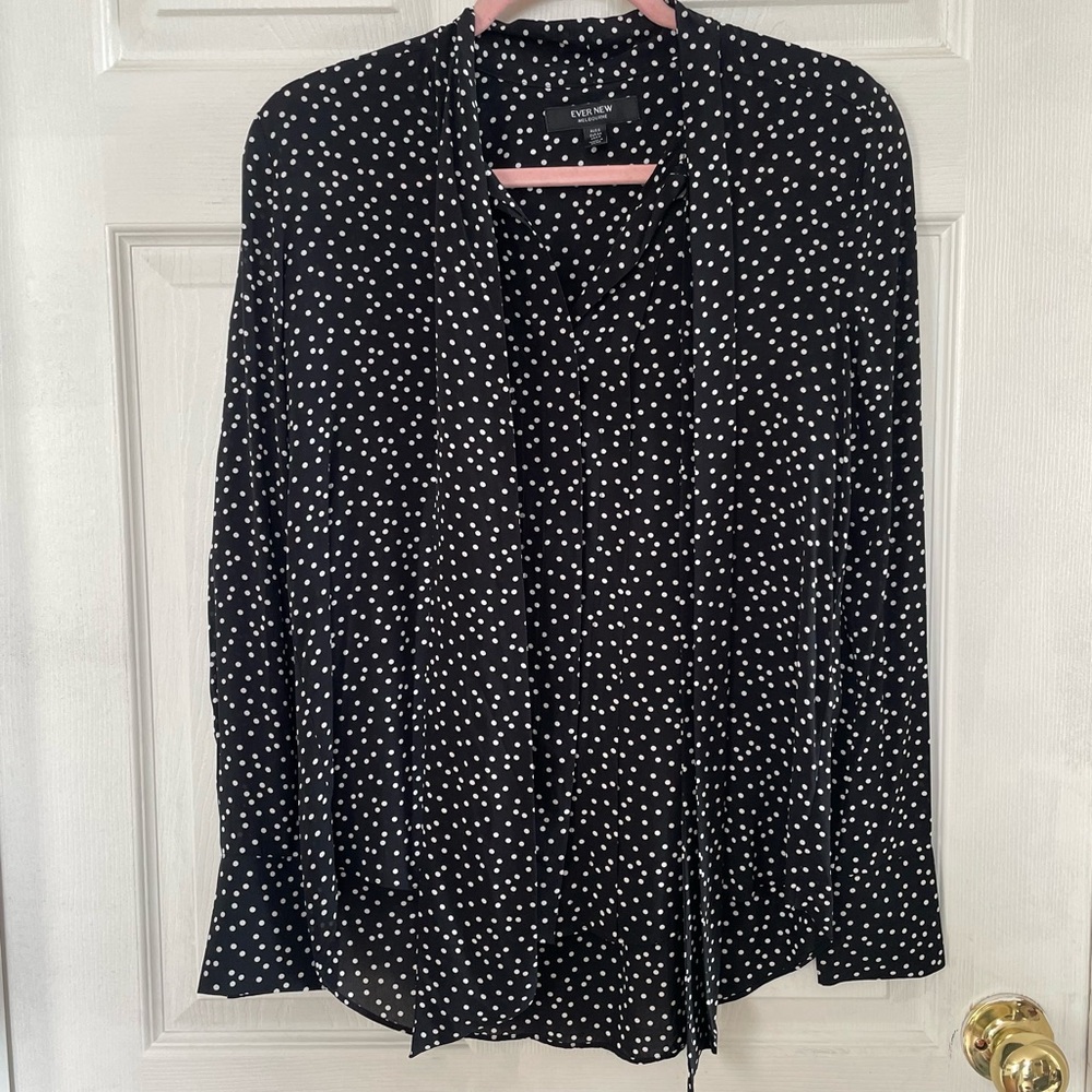 Ever New Melbourne | Size 2 - Sheer Black Polka Dot Tie Neck Blouse